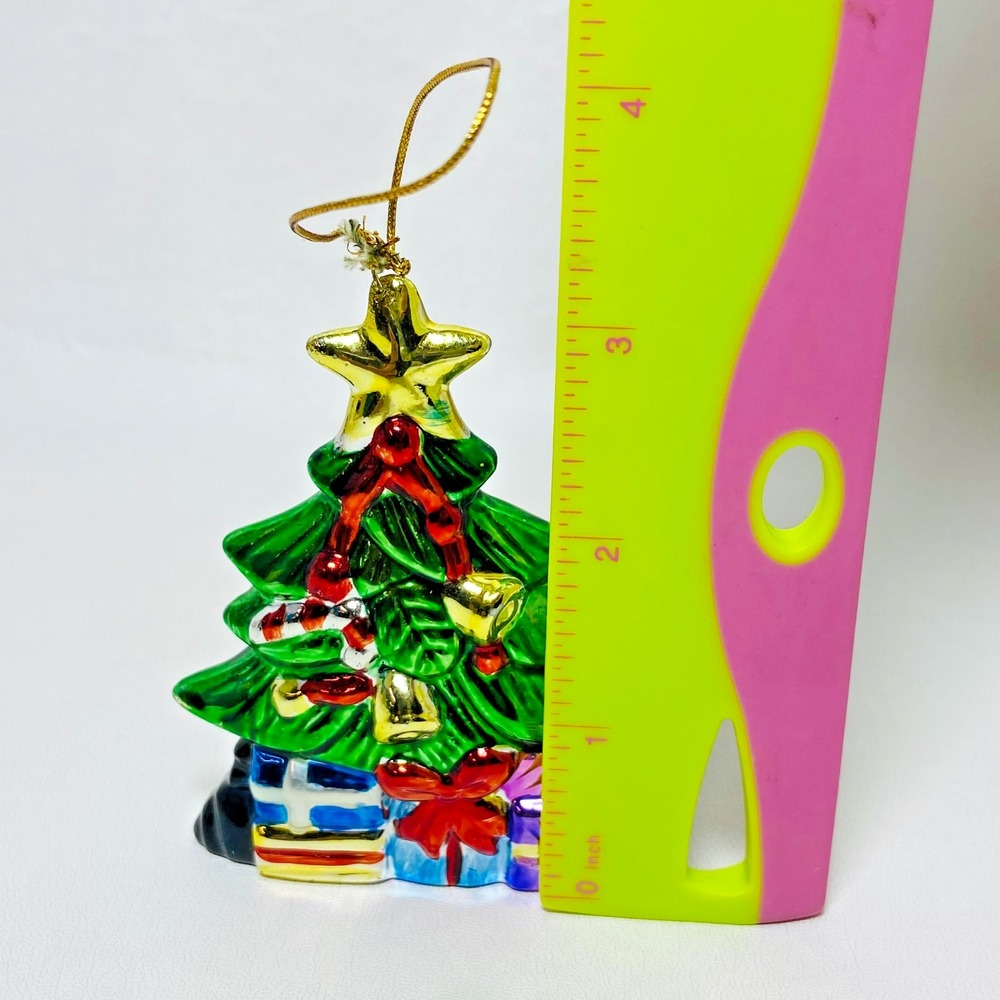 Ceramic Metallic Hand Painted Christmas Tree Presents 3.25" Holiday Ribbon Bells - Picture 4 of 4